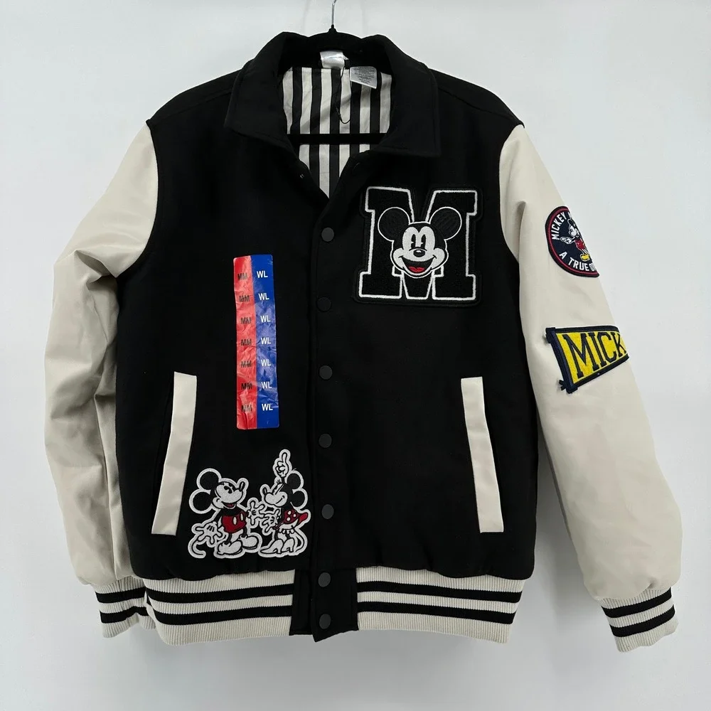 Disney Mickey and Friends Varsity Jacket Black Cream Faux Leather Patch Medium